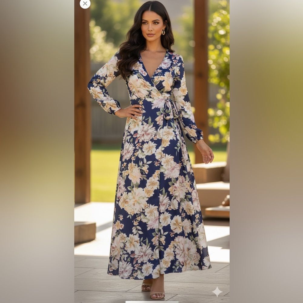 Take 50% OFF- Peach Puff Floral Maxi Dress in Blue and Cream, Size-S